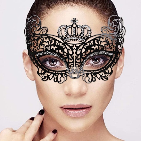 Black Metal and Crystal Venetian Masquerade Mask - Picture 3 of 16